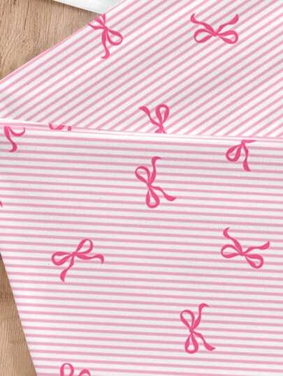 SHEIN 2 قطعة طقم بنات مراهقات ملابس نوم كاجوال - ملابس علوية أكمام قصيرة وسبعة وبنطلون، طبعة شريط زهري وفيونكة