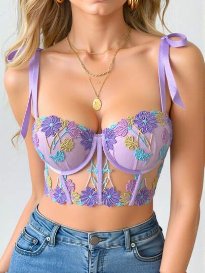SHEIN قطعة واحدة من ملابس داخلية نسائية مطرزة بسلك داخلي، بسيطة وعصرية، مناسبة للملابس الداخلية الصيفية الجذابة