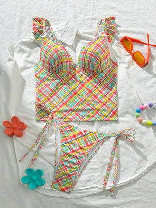 طقم تانكيني حريمي Swim Mod بكيني سباحة تعليق بفتحة رقبة، مزخرف بفرشاة وردية عشوائية طباعة الفيشبون، طلة صيفية على الشاطئ للنساء