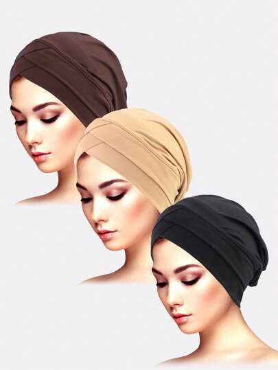 طقم تانكيني حريمي 3 قطع قبعات رأس من النسيج المطاطي بتصميم صليب مزدوج مناسب للنساء، قبعة وشاح ذات طابع جماجم، صالحة للاستخدام اليومي
