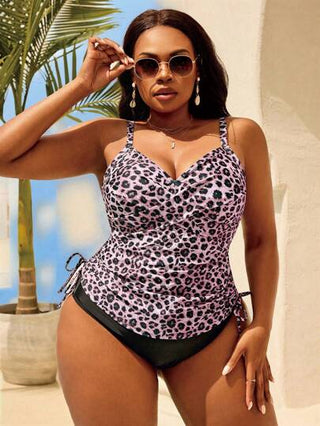 Swim Lushoire بدلة سباحة لقياسات كبيرة للنساء 2 قطعة، ملابس علوية حلقية بنقشة الفهد مع كريس كروس وخصر رباط، قطعة سفلية ثلاثية الشكل للعطلات