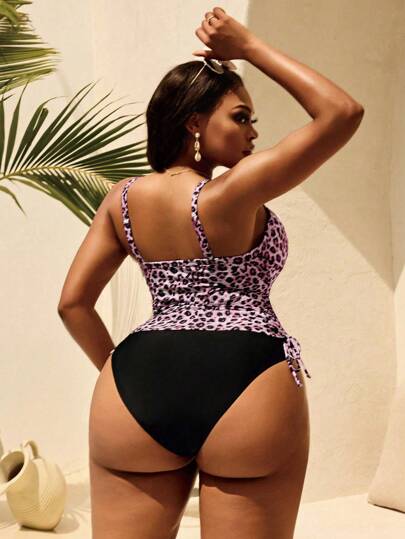 Swim Lushoire بدلة سباحة لقياسات كبيرة للنساء 2 قطعة، ملابس علوية حلقية بنقشة الفهد مع كريس كروس وخصر رباط، قطعة سفلية ثلاثية الشكل للعطلات