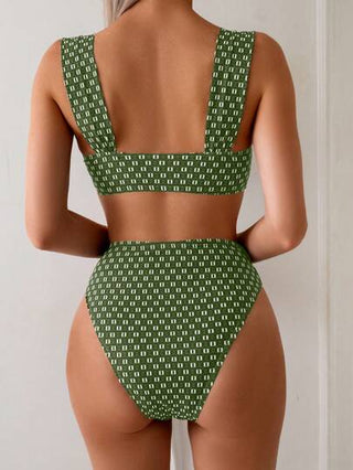 Swim Chiccia بيكيني للنساء بنمط عتيق أنيق، طباعة نقشات، غائر الياقة على شكل حرف V عميق، حزام عريض، خصر عالي، تحكم في البطن، صيفي
