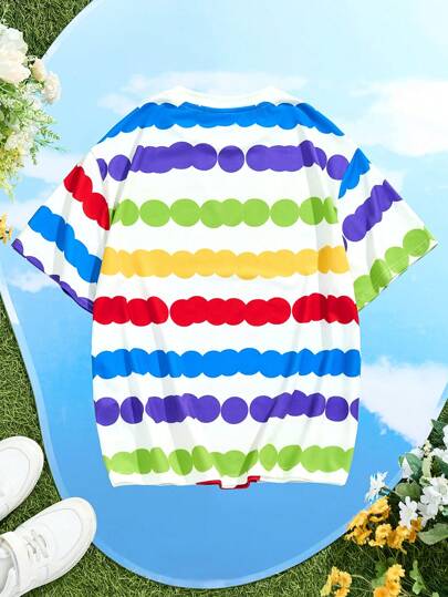 Teletubbies X SHEIN تي شيرت قصير الأكمام مزرق, مخطط ملون, كرتوني جميل بتصميم الدوبامين لتوين , صيفي