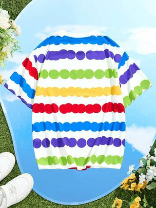 Teletubbies X SHEIN تي شيرت قصير الأكمام مزرق, مخطط ملون, كرتوني جميل بتصميم الدوبامين لتوين , صيفي