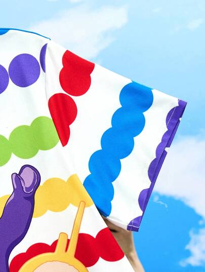 Teletubbies X SHEIN تي شيرت قصير الأكمام مزرق, مخطط ملون, كرتوني جميل بتصميم الدوبامين لتوين , صيفي