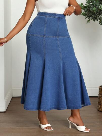 EZwear تنورة مينى جينز مقاس كبير، تنورة ضيقة كاجوال على شكل أنثى البحر، لون أزرق