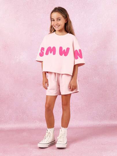 girls-sets SUMWON مجموعة ملابس صيفية وودية من قطعتين، ملابس علوية قصيرة وشورت خصر مرتفع، ملابس رياضية ومرنة، مجموعة متناسقة للأنشطة الربيعية والإجازات