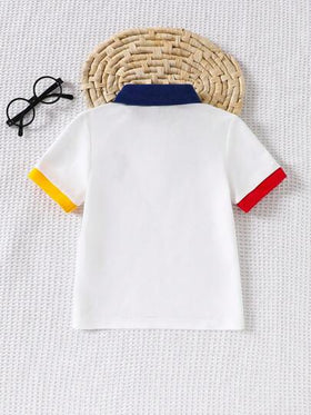 SHEIN Playful Pals قميص بولو كتل اللون للصبي الصغير قطعة واحدة، بتفاصيل متباينة في الأكمام، مطرز في المقدمة، مناسب للخروجات الربيعية والصيفية والمناسبات الرسمية