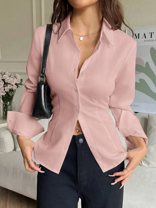 EZwear قميص نسائي أحادي اللون ذو صف أزرار واحد وربطة خلفية وأكمام طويلة، موسم الصيف