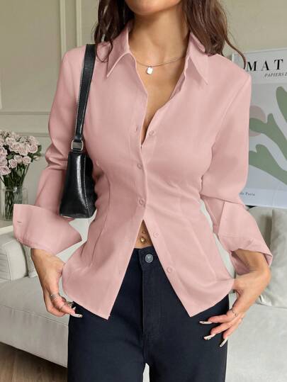 EZwear قميص نسائي أحادي اللون ذو صف أزرار واحد وربطة خلفية وأكمام طويلة، موسم الصيف