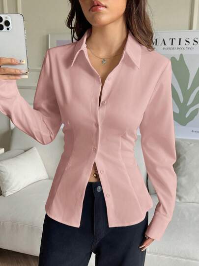 EZwear قميص نسائي أحادي اللون ذو صف أزرار واحد وربطة خلفية وأكمام طويلة، موسم الصيف