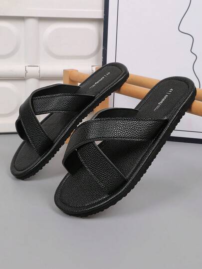 صنادل رجالية خفيفة الوزن ، أحذية شاطئية عصرية متقاطعة للصيف ، شباشب خارجية مريحة مفتوحة الأصابع ، ملمس جلد الليشي الأسود المريح