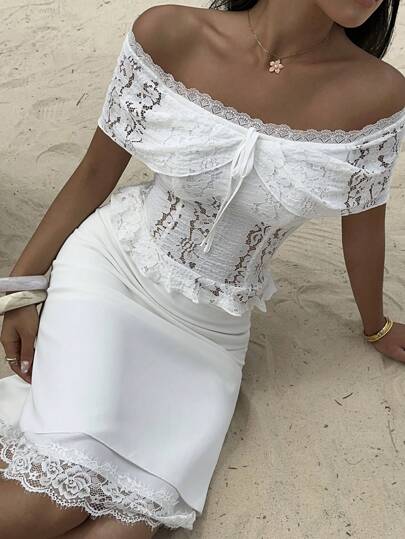 SHEIN Unity بليزر أنيق فوق الكتف قصير الأكمام ناحية الحلقة مصنوع من لمسات الدانتيل ولون واحد شفاف قابل للعكس
