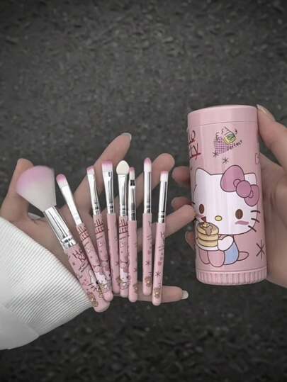 Sanrio مجموعة فرش مكياج كرتونية رائعة ل- Hello Kitty من Sanrio، تحتوي على علبة أسطوانية محمولة لتنظيم الفرش المتعددة، مما يجعلها مثالية للتنقل والتواعد والخروجات