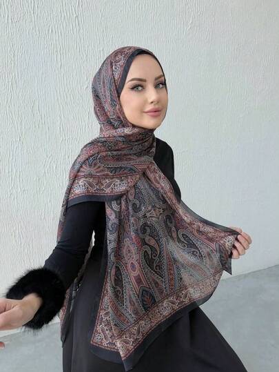 قطعة واحدة من الشيفون المطبوع، وشاح رأس أنيق وفاخر بألوان رجعية للنساء، وشاح رأس، حجاب، أبايا، إكسسوارات للنساء، نقاب للفستان