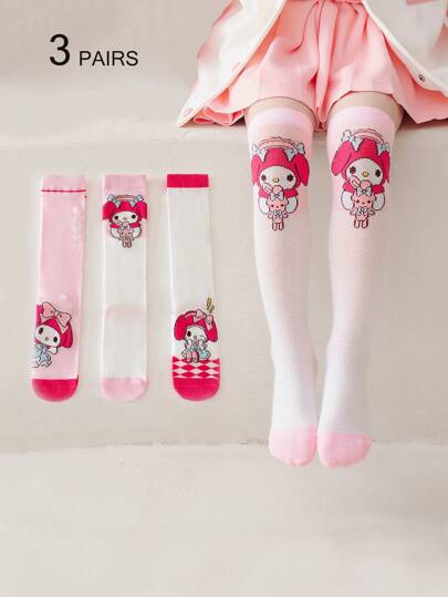 Sanrio 3 أزواج جوارب طويلة للركبة للبنات، جوارب شبكية للأطفال بلون زهري وأبيض ، جوارب للفخذ بشكل شبكي مزخرف، طراز مدرسي جميل، مناسبة للربيع/الصيف، رقيقة، تتناسب مع تنانير لوليتا والاستخدام اليومي والاحتفالات