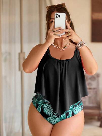 Swim Lushoire مجموعة تنكري 2 قطعة ل- المرأة بمقاسات كبيرة، لباس علوي داخلية وبنطلون مطوي مطبوع للاستخدام في البحر والحمام و التنزه