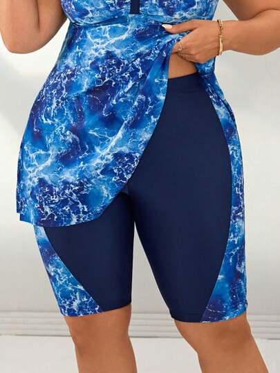 Swim Lushoire بدلة سباحة للنساء ذوات الأحجام الكبيرة، قصيرة متوسطة الطول، بطباعة رقمية ولحمات، ملابس شاطئ وحفلات وأجازات
