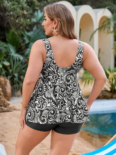 Swim Lushoire فستان سباحة من قطعتين مطبوع بطريقة عشوائية للنساء ذوات الحجم الكبير، تصميم بسيط للسيطرة على البطن وسحاب أمامي مناسب للعطلات والشاطئ