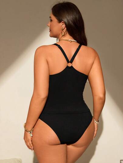 Swim Lushoire امرأة مقاسات كبيرة 2 قطعة، لون سادة، بسيط، صيفي، إجازة شاطئية، ملابس علوية كشكش وبكيني