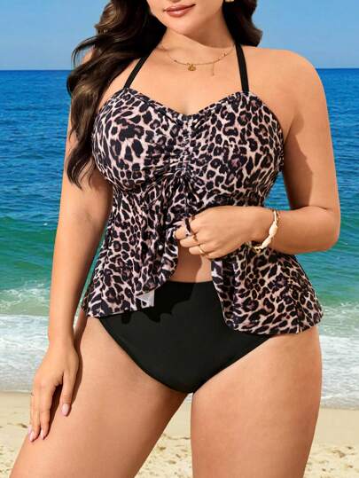 Swim Lushoire مجموعة بمقاسات كبيرة، 2 قطعة للمرأة توب ذو رقبة مرتفعة مطبوع بنقشة الفهد مع رقعة رذاذية، وقطعة سفلى ذات لون أحادي وخصر عالي، بدلة سباحة لأجازات الصيف