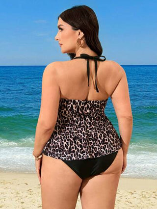 Swim Lushoire مجموعة بمقاسات كبيرة، 2 قطعة للمرأة توب ذو رقبة مرتفعة مطبوع بنقشة الفهد مع رقعة رذاذية، وقطعة سفلى ذات لون أحادي وخصر عالي، بدلة سباحة لأجازات الصيف