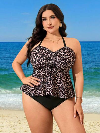 Swim Lushoire مجموعة بمقاسات كبيرة، 2 قطعة للمرأة توب ذو رقبة مرتفعة مطبوع بنقشة الفهد مع رقعة رذاذية، وقطعة سفلى ذات لون أحادي وخصر عالي، بدلة سباحة لأجازات الصيف
