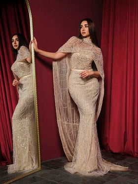 Faeriesty SHEIN X Hannahelzahed فستان ماكسي فاخر مرصع بالترتر واللؤلؤ مع رداء وذيل سمكة - أزياء راقية عالية المستوى ، فستان حورية البحر ، فستان سجادة حمراء معتمد من النجوم للحفلات الراقية والسهرات والأعراس ، رسمي أنيق للربيع والعطلات