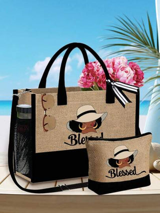 مجموعة شنطة الشاطئ للنساء، شنطة قماش للإكسسوارات الشاطئية، مطبوع عليها حرف "bleooed"، مع قبعة شاطئ للنساء، قبعة شمس كاكي بطبعة موجة للنساء، حقيبة كتف، حقيبة يد، حقيبة مكياج مصنوعة من الكتان، قبعة شمس ذات حافة كبيرة للوقاية من أشعة الشمس