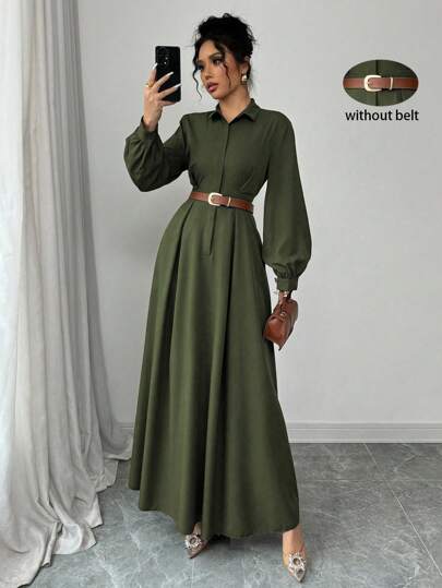 فساتين حريمي Elenzga فستان طويل بأكمام فانوس ذات لون سادة أنيق للتنقل ، ملابس نسائية ماكسي للخريف