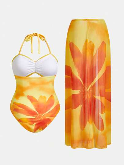 Swim Oasis بدلة سباحة قطعة واحدة كبيرة الحجم ذات فتحات + تنورة غطاء مفتوحة نصفيًا مزينة بمعدن