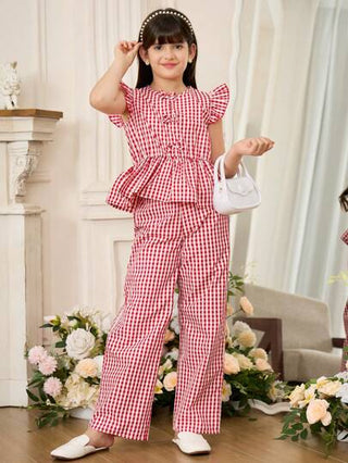 girls-sets فستان بنات كبير الحجم للصيف عادي مربعات - تي شيرت مزين بعقدة وبنطلون طويل 2 قطعة