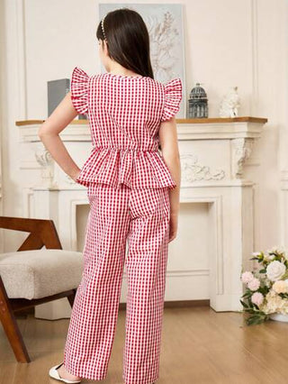 girls-sets فستان بنات كبير الحجم للصيف عادي مربعات - تي شيرت مزين بعقدة وبنطلون طويل 2 قطعة