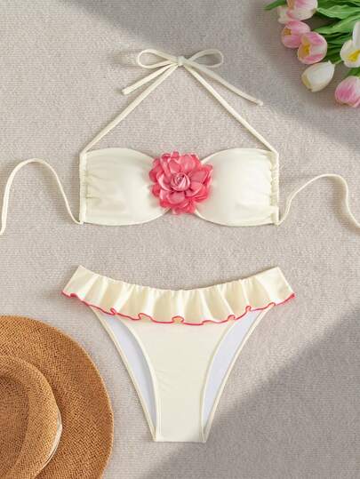 Swim Vcay بكيني للنساء 2 قطعة، بدون حمالات مرصع بالزهور، ذيل مكشكش، خفيف الوزن، مظهر شاطئ وعطلات صيفية