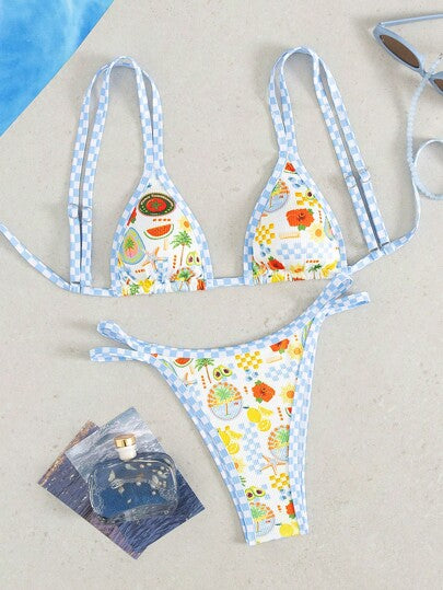 Swim Mod قطعتان بيكيني، ملابس سباحة نساء مخطط بنمط معزز و مطبوع بنقوش الفاكهة، أنيقة و لطيفة مناسبة للشواطئ و العطلات