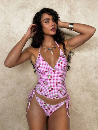 طقم تانكيني حريمي Swim Mod طقم بيكيني مربعات باللون الأحمر الكرزي الحلو