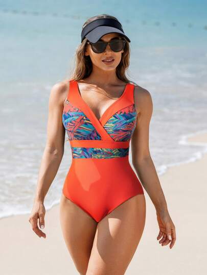 مايوه حريمي قطعة واحدة Swim Lushoire بدلة سباحة قطعة واحدة مطبوعة بنقشة استوائية للأنثى، مناسبة للإجازة على الشاطئ