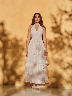 SHEIN X Hannahelzahed SHEIN MOD فستان برقبة حالتر مع فيونكة كبيرة وظهر مفتوح، بتصميم زهري مطرز، أناقة رومانسية حالمة بتطريزات مكشكشة، مناسب للمواعيد والحفلات والعطلات وحفلات الشاي وملابس أعياد الميلاد ، إطلالات صيفية للسيدات، إطلالات عيد الفصح ،إطلالات ال