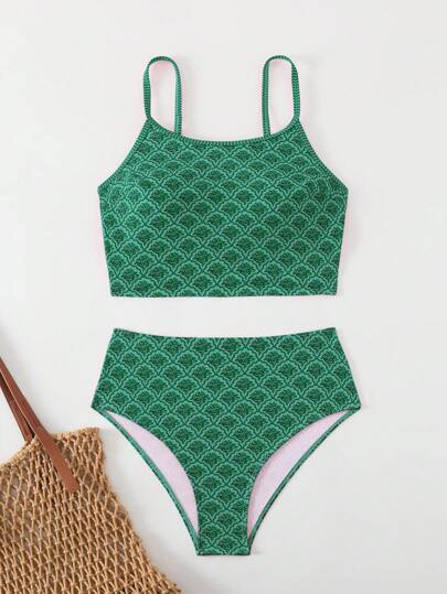 طقم تانكيني حريمي Swim Mod طقم سباحة للنساء في الصيف بطبعة عشوائية لنباتات ذات خصر عالٍ، ملابس علوية بدون حمالات ربطة البطن واللباس الكامل، مناسبة للعطلات على الشاطئ