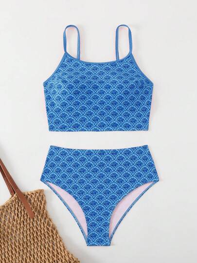 طقم تانكيني حريمي Swim Mod بيكيني قطعتين ملابس شاطئ صيفية للنساء، شورت سباحة ذو خصر عالي وبكتاف رفيع بطباعة عشوائية، قطعة علوية قصيرة