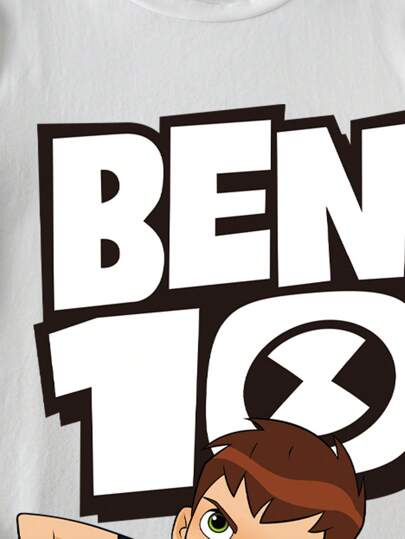 BEN 10 X SHEIN تيشرت كاجوال بأكمام قصيرة مطبوع عليه رسومات للأولاد المراهقين، مناسب للصيف