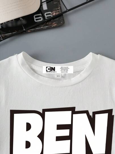 BEN 10 X SHEIN تيشرت كاجوال بأكمام قصيرة مطبوع عليه رسومات للأولاد المراهقين، مناسب للصيف