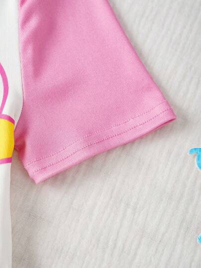BABY SHARK X SHEIN مجموعة بيجاما مكونة من تي شيرت بأكمام قصيرة وشورت مطبوع عليهما رسوم كرتونية لسمكة القرش ملونة مناسبة للبنات المراهقات ملابس كاجوال