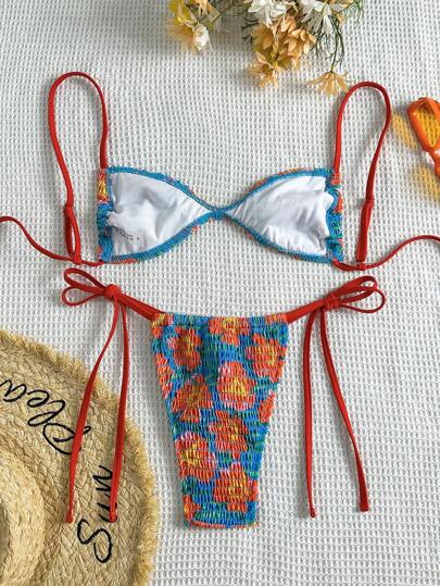Swim Mod مجموعة بكيني نسائية 2 قطعة/طقم، طباعة عشوائية على نسيج بملمس، ه-التر وفيشار ذهبي وجميل، إطلالة جذابة لفصل الصيف