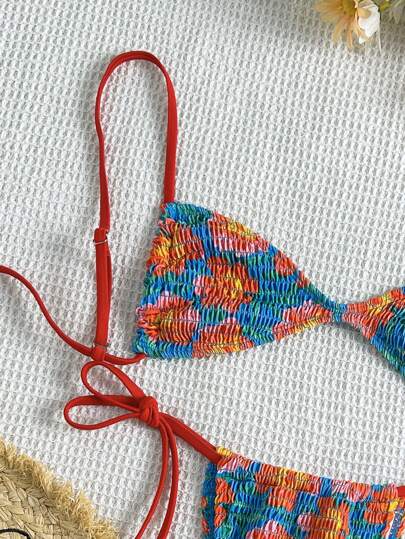 Swim Mod مجموعة بكيني نسائية 2 قطعة/طقم، طباعة عشوائية على نسيج بملمس، ه-التر وفيشار ذهبي وجميل، إطلالة جذابة لفصل الصيف