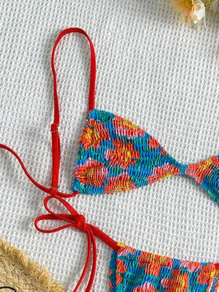 Swim Mod مجموعة بكيني نسائية 2 قطعة/طقم، طباعة عشوائية على نسيج بملمس، ه-التر وفيشار ذهبي وجميل، إطلالة جذابة لفصل الصيف