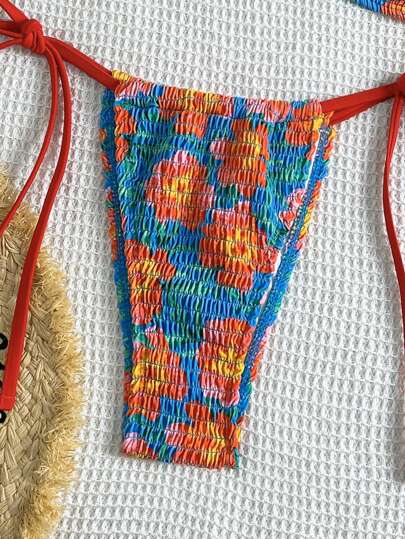 Swim Mod مجموعة بكيني نسائية 2 قطعة/طقم، طباعة عشوائية على نسيج بملمس، ه-التر وفيشار ذهبي وجميل، إطلالة جذابة لفصل الصيف