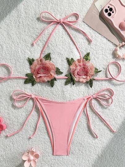 Swim SXY مجموعة بيكيني من قطعتين للنساء، كأس مثلث صغير جدًا قابل للذوبان في الماء، مطرز بزهور الكرز، سروال مثلث مربوط بخيط، للشاطئ والعطلات الربيعية والصيفية