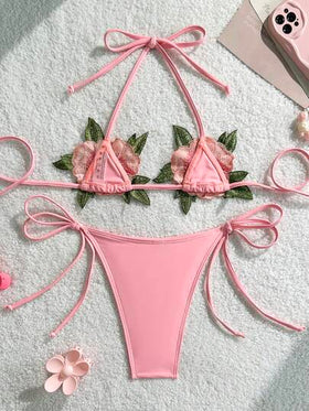 Swim SXY مجموعة بيكيني من قطعتين للنساء، كأس مثلث صغير جدًا قابل للذوبان في الماء، مطرز بزهور الكرز، سروال مثلث مربوط بخيط، للشاطئ والعطلات الربيعية والصيفية